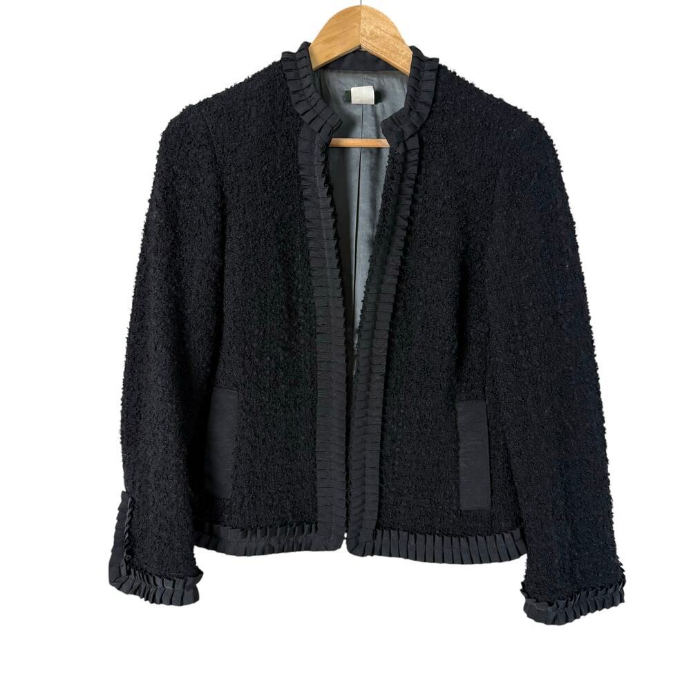 J. Crew Factory Black Bouclé Open-Front Blazer with Pleated Trim